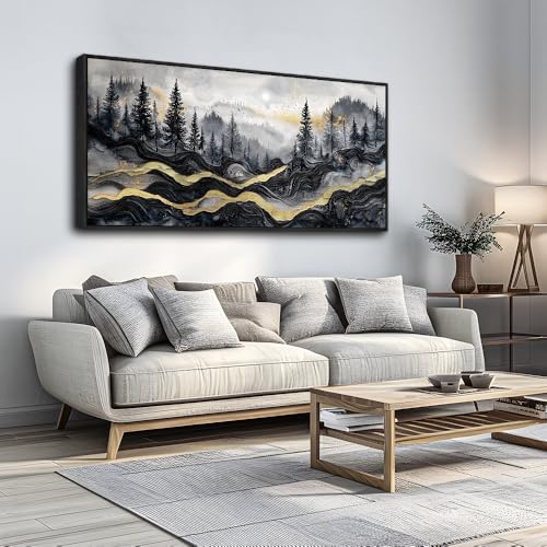 KELIYUAAN Large Canvas Wall Art For Living Room Black Framed Wall Decor For Bedroom Office Wall Decorations Prints Pictures Abstract Mountain Landscape Painting Home Decor Aesthetics 24"X48"
