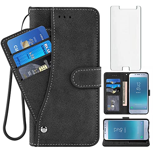 Asuwish Compatible with Samsung Galaxy J2 Pro 2018/Grand Prime Pro Wallet Case and Tempered Glass Screen Protector Flip Card Holder Stand Cell Phone Cover for J 2 J2pro J250M SM-J250M Women Men Black