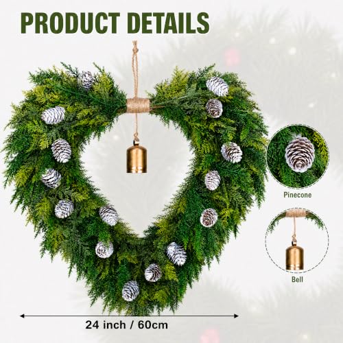 Pinkpum 22" Heart Shaped Christmas Wreath for Front Door with Gold Bells - image 3