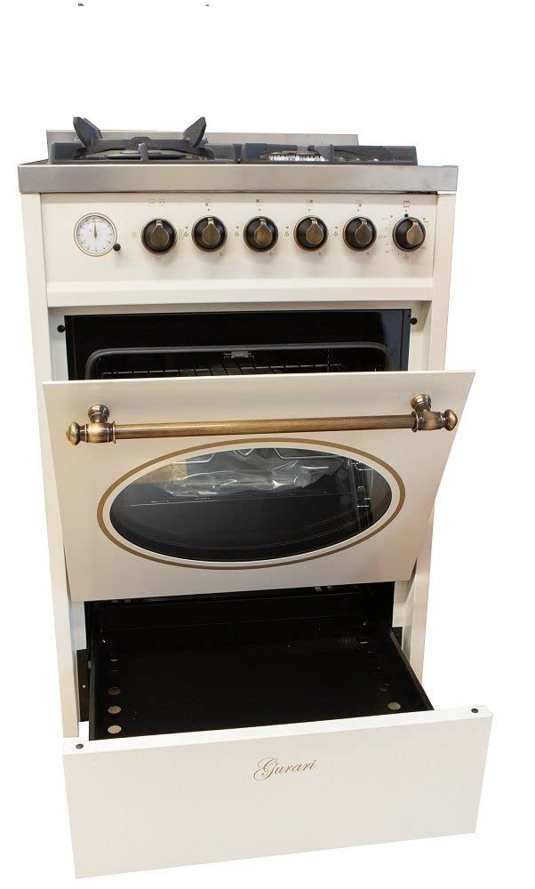 GURARI Gas Standherd 60 cm GCH E 614 Creme Gasherd mit Elektrobackofen | Drehspieß | Elektro-Analog-Timer mit STOP-Funktion | Schublade mit Push-Pull | Gas Control | Range Cooker Erdgas/Propan