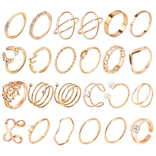 24PCS Gold Stackable Ring Set Knuckle Rings for Women, Trendy Rings for Teen Girls, Bohemian Vintage Rings Fashion Finger Rings Pack Midi Rings Menâ€™s Rings Hollow Carved Flowers, Size Mixed