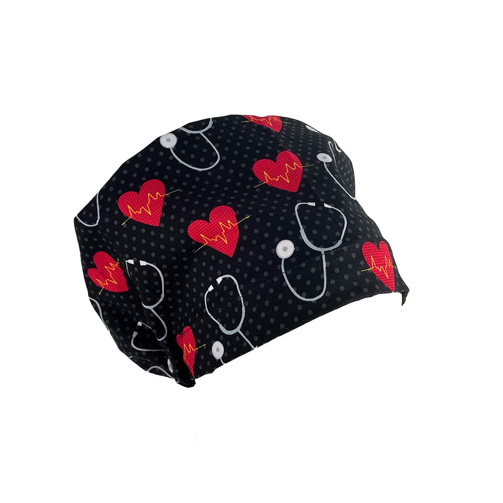 European Style No Ribbon – First Aid – Cardiograph. Turn Up Ponytail Scrub Hats, Ponytail Scrub Hats, Bouffant, Scrub Hats for Women, Unisex Surgical Caps, Dr. Hats, Nurses Hats Black and Red