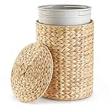 BLUEWEST Bote de basura de mimbre con tapa y forro extraíble, cesta de basura de jacinto para la cocina del hogar