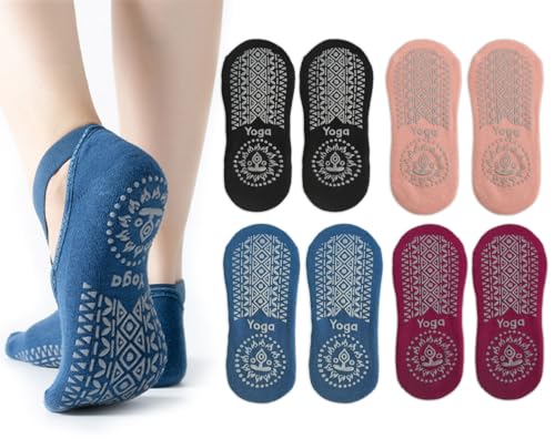 ECVV 4 Pairs Yoga Socks For Girls Pilates Grips Socks Non-Slip Grips & Straps Ideal for Pilates Pure Barre Ballet Dance Barefoot Workout (Size: 35-39)