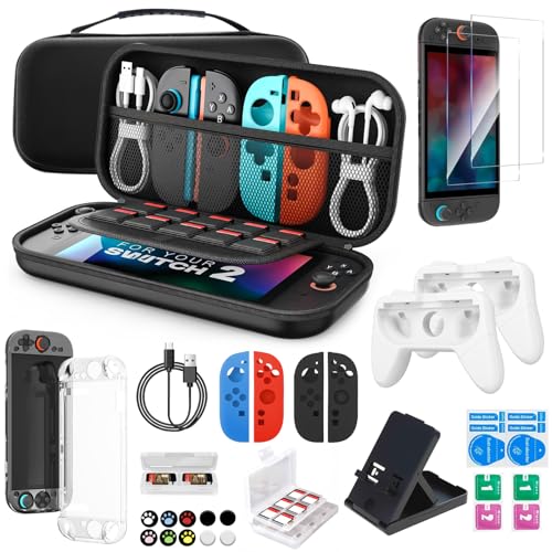 Kit Completo para Nintendo Switch 2 (2025) – Estojo de Transporte Rígido + Acessórios Premium (25 itens) – Inclui Película, Protetores de JoyCon, Capa de Cristal, Suporte e Mais – Ideal para Gamers