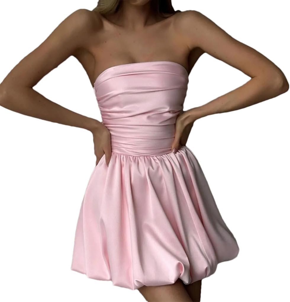 Women's Satin High Waisted Party Pleated A-Line Strapless Mini Dress