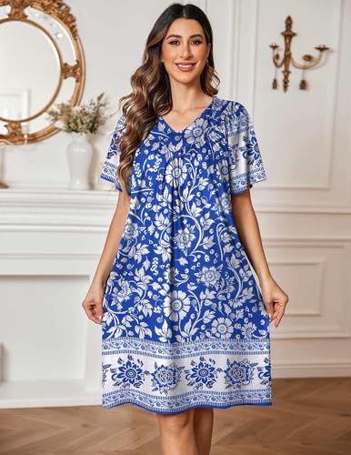 Image of Ekouaer Womens House Dress Floral Print Nightgown with Pockets Mumu Dress | V Neck Nightgowns for Women Pleated Short Sleeves Mumu Dresses Knee Length Moo Moo for Sleep, Daily Wear, Vacation, Party