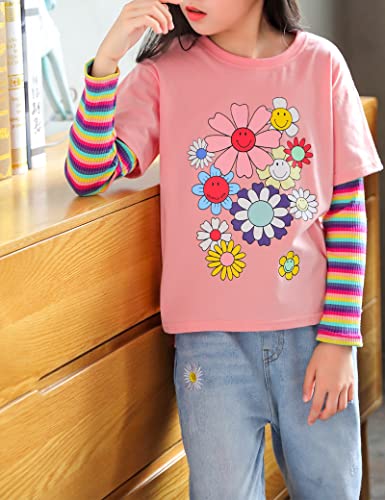 Kiench Girls' Long Sleeve T Shirts Cotton Tees 2-in-1 Look Crewneck Tops Floral2