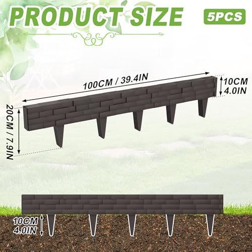 FIVMEN Rasenkante Kunststoff 5 m Steinimitatziegel Beeteinfassung Beetumrandung mit 10 cm Stifte Steinziegel Textur Imitiert beetbegrenzung Mähkante Palisade für Garten, Braun