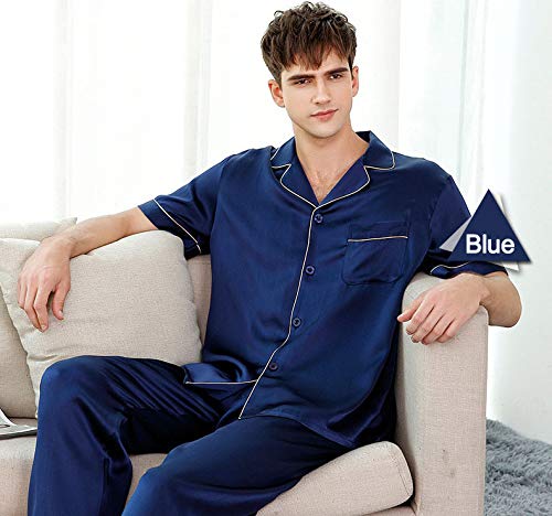 Men's Silk Sleepwear Pajamas,Short-Sleeve Shirt & Long Pants,100% Silk(Main),5 Colors,真丝睡衣4