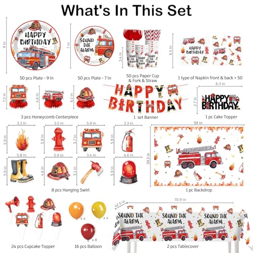 Image of 356Pcs cocomigo Firetruck Birthday Decorations Tableware Set, 50 Serves