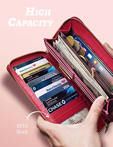 Faux Leather Wallet for Women RFID Protected Large Size Bifold Card Holder Black (Red)2