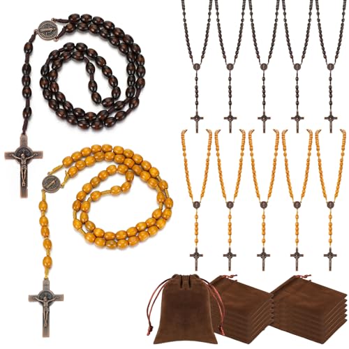 12 Set Wooden Bead Rosary Necklace Catholic Rosary Wood Carved Solid Beads with Jesus Cross Our Father with Velour Gift Pouch Baptism Favors Catholic Gift(Coffee, Wood)