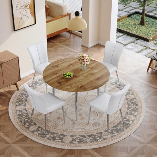 Image of Extendable Round Dining Table Set for 4, 42-54 inch Expandable Dining Table with 4 Upholstered Chairs, Engineered Wood Top, Space-Saving Round Kitchen & Dining Room Table Set(1 Table + 4 White Chairs)