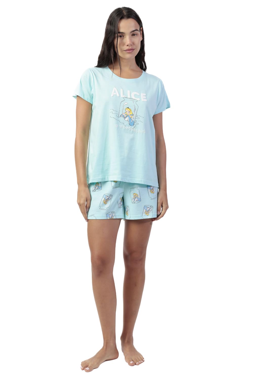 Disney Pigiama Donna Alice nel Paese delle Meraviglie in Cotone Estivo Completo Pigiama Corto Mezza Manica Pantaloncino Art. 64294 (IT, Testo, L, Regular, Regular, Azzurro)
