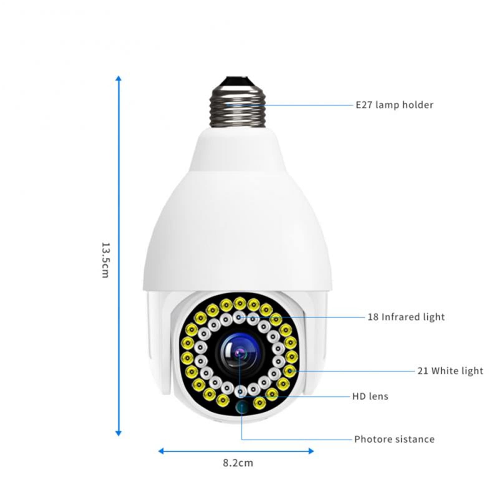 JJCC Cámara de seguridad con bombilla inteligente, 1080P WiFi PTZ cámara luz LED E27 bombilla Socket Power Color visión nocturna IP vigilancia auto seguimiento para uso en interiores y exteriores