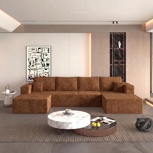 Image of 138 inch Modular Sectional Sofa, U-Shaped Cloud Couch with Deep Seats & Chaise, Convertible 4-in-1 Corduroy Boneless Couches for Living Room, No-Assembly - Brown (Right Facing Chaise)