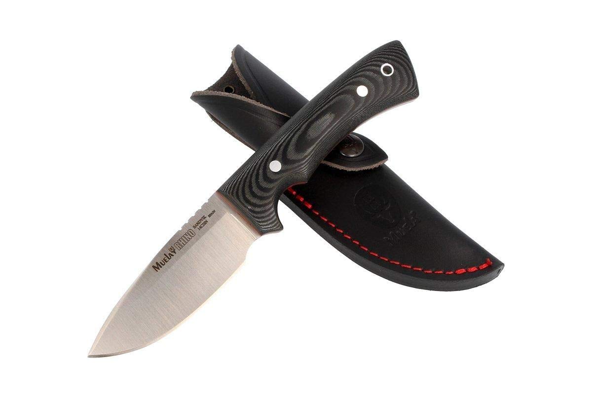 Muela Cuchillo Rhino RHINO-9M hoja de acero Sandvick 14C28N de 9 cm y empuñadura de micarta negra para Caza, Pesca, Supervivencia y Bushcraft Realizado en Ciudad Real + Portabotellas de regalo