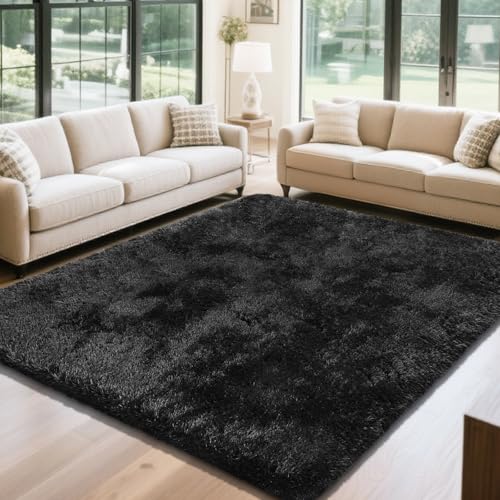 Fluffy Rug Shaggy Area Rug, Black 5x8 Area Rugs for Bedroom, Small Bedside Rug, Soft Fluffy Shaggy Entryway Throw Rugs for Living Room Bedroom Kids Room Home Decor