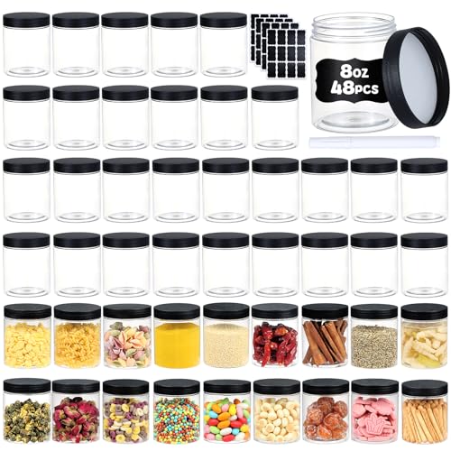 48 PCS 8 OZ Plastic Jars with Screw On Lids,Labels Refillable Empty Round Slime Containers for Storing Dry Food, Honey Jam, Cream, Butter, Lotion, black