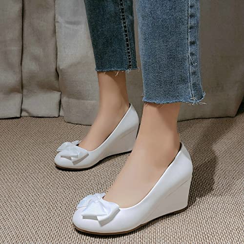 Trendenzy Women's Wedge Round Toe Pumps Sweet Bow High Heel Wedding Shoes3