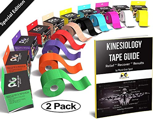 Physix Gear Cintas kinesiológicas, la Mejor kinesiotape con Adhesivo de Grado médico, Cinta kinesiológica con guía, esparadrapo Deportivo Resistente al Sudor y al Agua, Pack de 2, Negro