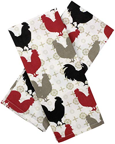 High End Home 2 Piece Farmhouse Kitchen Towels Set - Dish Towels 100% Cotton 24 x 14.5 Inch Red Black Grey Roosters