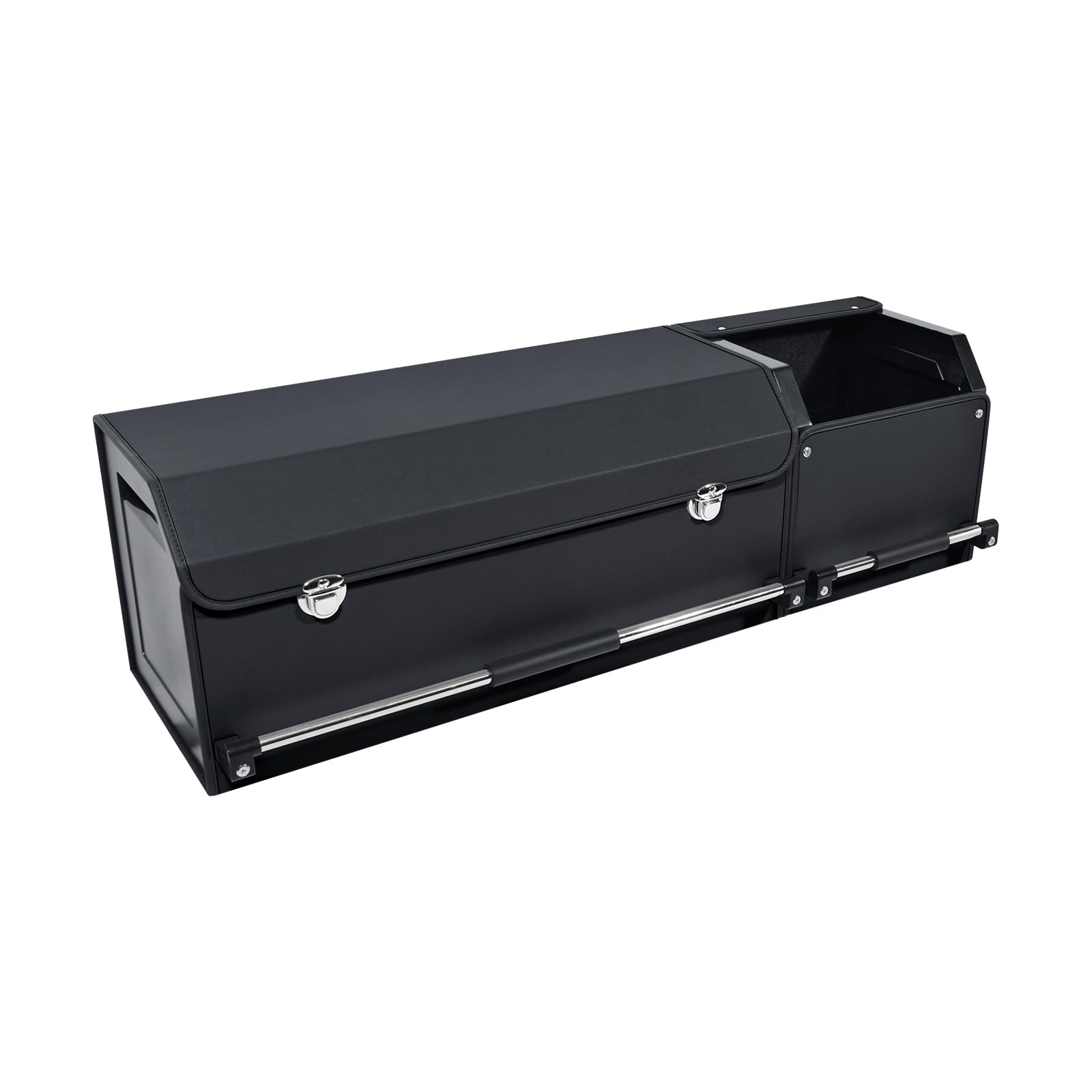 Auto Kofferraum Organizer mit Deckel – 2-in-1 Modulares XXL-Kofferraumtasche, Multifunktionaler Aufbewahrungsbox aus Leder, ABS-verstärkter Rahmen & Push-Pull-Griff (104x29x31cm, Schwarz)