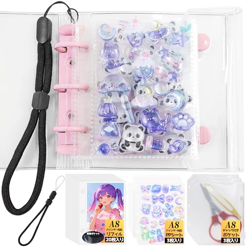 シール帳 透明 A8サイズ ミニ バインダー 【リフィル×20枚 チャック付きボケット×3枚 PPシート×3枚 専用ストラップ付き】プラバン 両面カードポケット シール台紙 手帳 プリ帳 カードスリーブ 透明シール帳 推し活グッズ はがせる バインダー型ノート 女の子 コラージュノート 色：ピンクのサムネイル