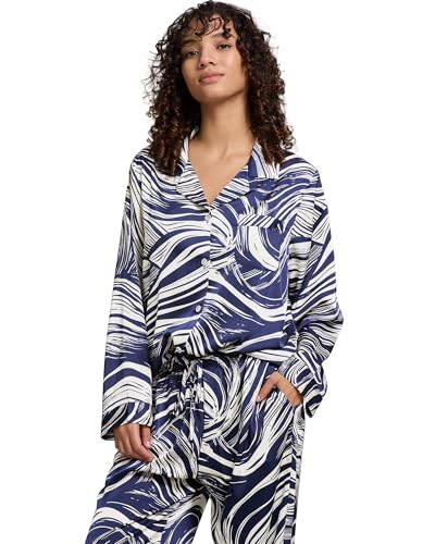 Image of YiNi LuLu Womens Silk Satin Pajamas Set Button Down 2 Piece Pjs Long Sleeve Oversized Sleepwear with Pockets