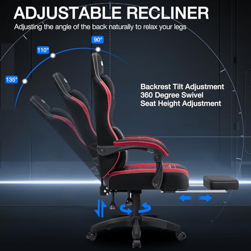 HOFFREE Gaming Chair Computer Chair Fabric with Pocket Spring Cushion Massage Game Chair with Footrest Ergonomic Gamer Chair with Lumbar Support Reclining Gaming Chairs for Adults Red and Black の商品画像 5