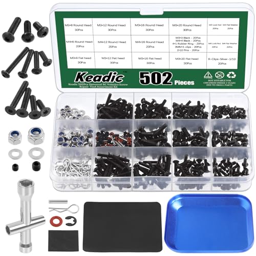 Keadic 502Pcs Universal RC Screw Assortment Set, M3 M4 Hex Screws, Lock Nuts Body Clips and Cotter Pins, Repair Tool Kit for 1/8 1/10 1/12 Scale RC Cars Truck Crawler Accessories DIY Parts