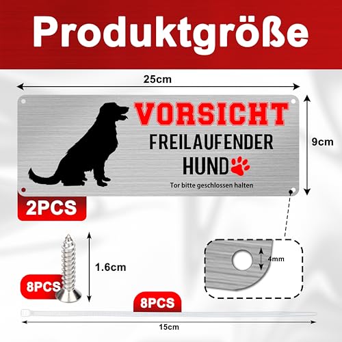 Yezirzax Vorsicht Freilaufender Hund, 2 Stück 25x10cm Achtung Hund Schild, Vorsicht Bissiger Hund Schild Warnschild Hund Aluminium mit Selbstklebend und Vorgebohrten Löchern