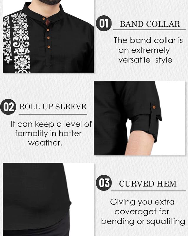Image of FINIVO FASHION Men's Cotton Blend Kurta Style Shirt | Mandarin Collar Long Sleeve Casual Ethnic Shirt with Button Placket | Stylish Festival