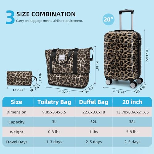 LARVENDER Luggage Sets 3 Piece, 20 Inch Carry on Luggage 22x14x9 Airline Approved Hardside PC+ABS Suitcase Set with Spinner Wheels TSA Lock, Lightweight Suitcase for Women, Cheetah image 5