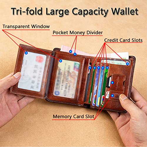 Unique Men's Brown Vintage Trifold Short Wallet, Freemasons AG Symbol Genuine Leather Wallets with RFID Blocking, Male Luxury Gift High Capacity Card Holder Purse,B,4.7'x3.7'x0.6'4