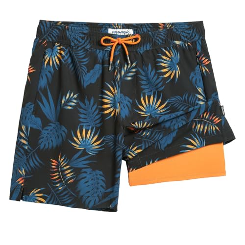 maamgic 7 Inch Mens Swim Trunks with Compression Liner Board Shorts with Zippered Pocket Bathing Suit for Beach Vacation, Black Plant Flowers, M