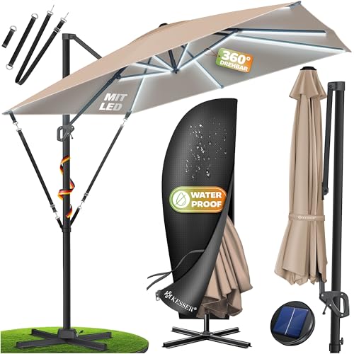 KESSER® Sonnenschirm LED Solar Ampelschirm SUN XL 300 x 300 cm Inkl. Abdeckung +Windsicherung Drehbar Neigbar Kippbar Marktschirm Groß 360° Rotation, Gartenschirm mit Kurbel Sonnenschutz, Taupe