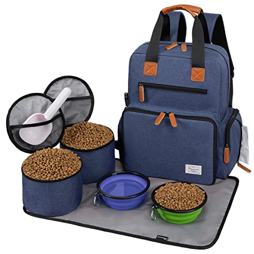 Modoker Dog Travel Bag - Airline Approved Backpack for Pet Accessories Organizer, Tote Weekend Bag with 2 Dog Food Containers, 2 Collapsible Bowls, 1 Pet Mat, Blue