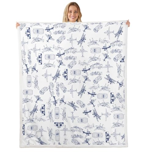 Image of Aircraft Sherpa Blanket Airplane Print Fleece Throw Blanket Decor Aircraft Flying Plush Blanket Microfiber Sketch Style Blue White Fuzzy Blanket Bedroom Throw 50"x60"