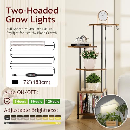 Image of Homsorout Plant Stand Indoor with Grow Light - 5-Tier Metal Plant Shelf with Hanging Basket Hook, Corner Tall Flower Holder for Multiple Plants, Living Room Balcony Garden Patio, Rustic Brown