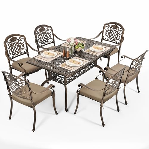 Pamapic 7-Piece Outdoor Dining Set,Cast Aluminum Patio Furniture with Vintage Table & 6 Stackable Chairs, Outdoor Furniture Set for Garden, Poolside (with 6 Cushion,Bronze)