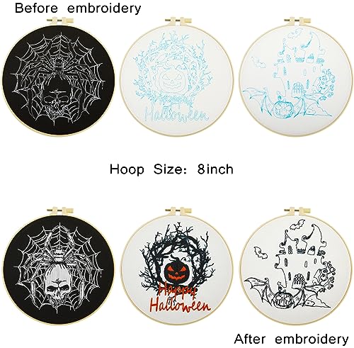 Image of Armindou Halloween Embroidery Starter Kits for Beginners Adults, Stamped Cross Stitch Kit for Adult Beginner, Needlepoint Hand Embroidery Kit with Pattern, 3 Embroidery Hoop, 3 Set Embroidery Supplies