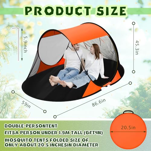Image of Pop up Mosquito Tent for Camping, 86.6 x 59 x 45.3 Inch Bug Net Tent with Instant Automatic Setup, Lightweight Portable Screen Net Fits Most Camping Cot for Outdoor Hiking Travel(Orange)