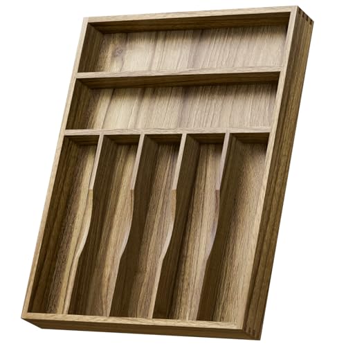 Kiasthome Acacia Wood Silverware Drawer Organizer, Kitchen Utensil Cutlery Drawer Organizer with Grooved Dividers, Flatware Organizer Silverware Tray Holder for Spoon, Fork, 13''x16.9'' (7 Slots)