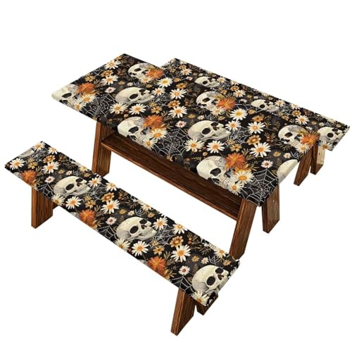 Skull Waterproof Picnic Table Cover and Bench Covers Fitted Tablecloth Cover with Elastic Straps Rectangle Picnic Tablecloth Camping Accessories for Outdoor