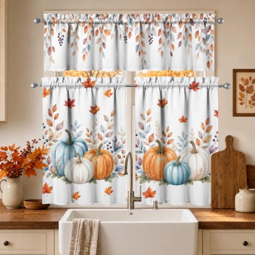 Image of Fall Pumpkin Kitchen Curtains 3 Piece Set Tier Valance