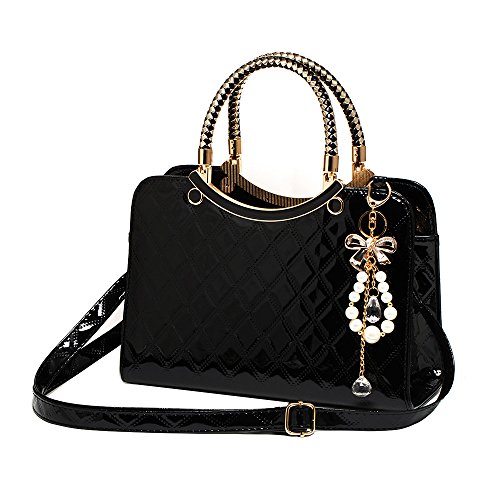 Comficent Bolso de Mujeres imitación PU Bolso de mano Portátil Tote Baratos Superficie Enrejado del Impresión para Señora (Negro)