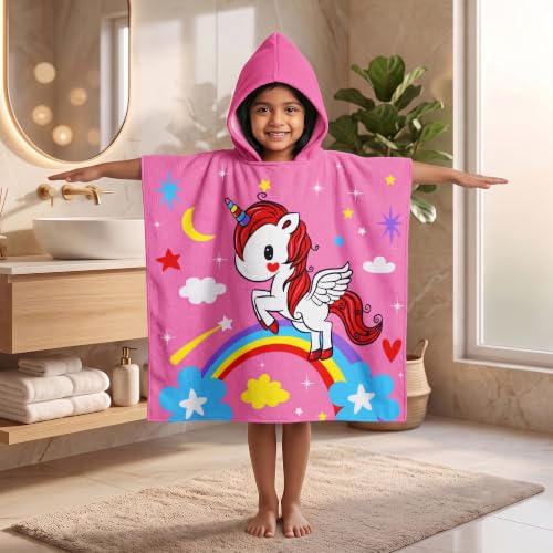 Image of Kids Poncho Towel 120x60 CM, Unicorn Rainbow, Bubblegum Pink