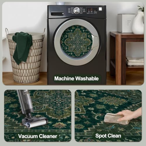 Image of Tangsoo 3x5 Washable Rug Indoor Area Rugs, Vintage Non Slip Accent Rug Carpet, Oriental Soft Low Pile Rugs for Living Room Dorm Bedroom Bedside Entryway Bathroom Home Decor Dark Green